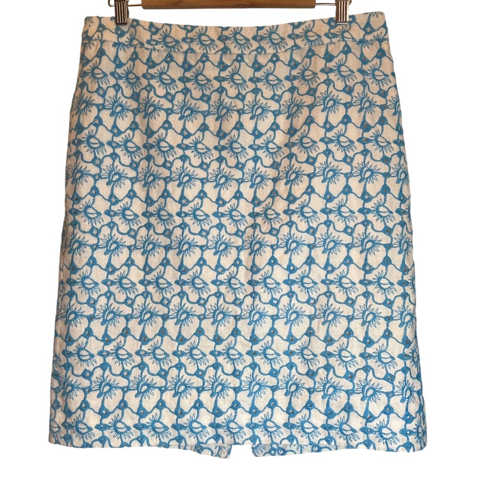 Talbots Womens 10 White Blue Linen Floral Eyelet Embroidery‎ Pencil Skirt Lined